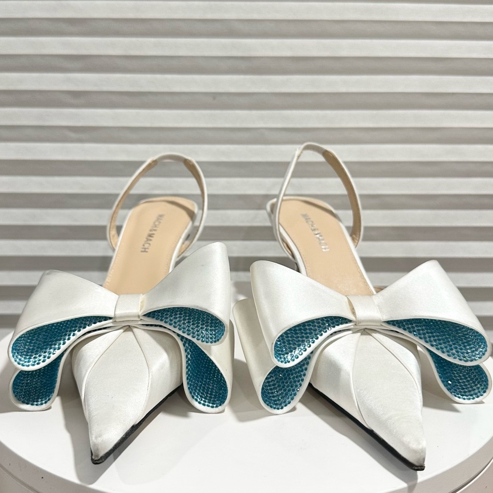 🌺MACH & MACH🌺 Le Cadeau 65 Satin Slingback Pumps White Blue Size: 37 - Picture 4 of 16